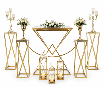 Prizma Masa Seti (4 Sütun + 1 Masa + 1 Çember) – Gold Metal Organizasyon Dekor Seti