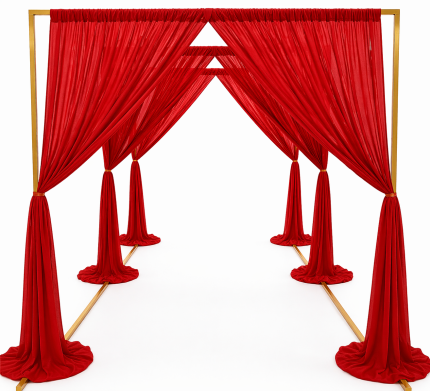 Kırmızı Üçlü Kare Metal Gelin Yolu + Perde Seti Gold – Düğün, Nişan ve Organizasyon Giriş Dekoru