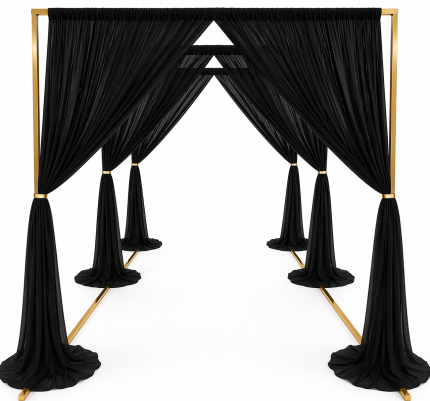 Siyah Üçlü Kare Metal Gelin Yolu + Perde Seti Gold – Düğün, Nişan ve Organizasyon Giriş Dekoru