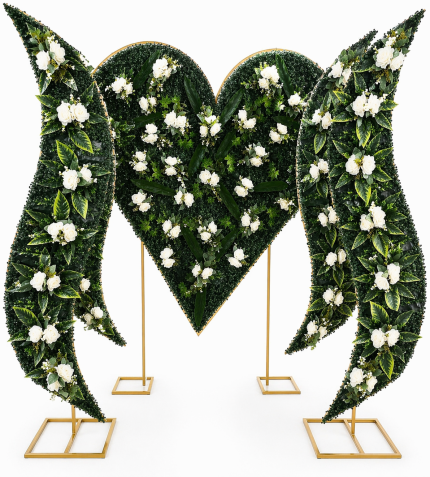 Çiçekli Gelin Yolu Seti – Yapay Çiçekli Kalp ve Yan Paneller Gold Standlı Düğün Giriş Dekoru