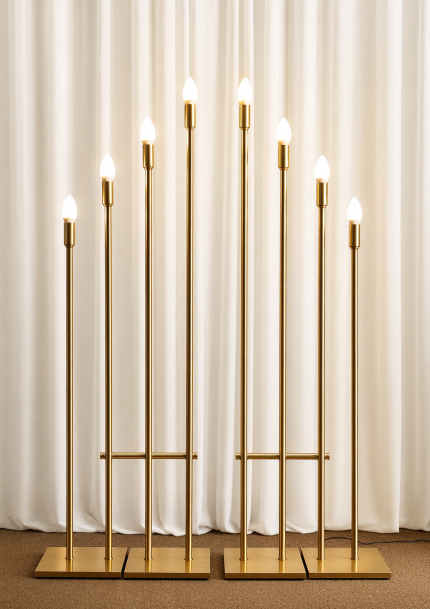 4’lü Mızrak Aydınlatma Seti + Ampul – Gold Metal Dekoratif Şamdan Aydınlatma, Organizasyon Işık Seti