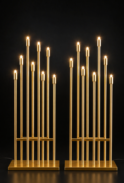 7’li Mızrak Mum + Ampul – Gold Metal Dekoratif Aydınlatma Seti, Lüks Organizasyon Şamdan Işığı