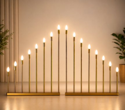 8’li Mızrak Mum + Ampul – Gold Metal Dekoratif Aydınlatma Seti, Şık Organizasyon Şamdan Işığı