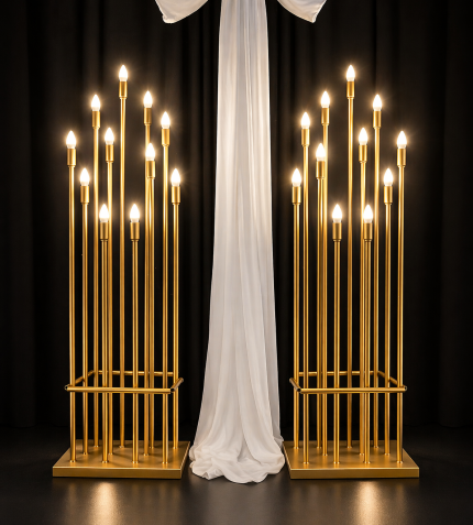 10’lu Mızrak Mum + Ampul – Gold Metal Dekoratif Aydınlatma Seti, Lüks Organizasyon Şamdanı