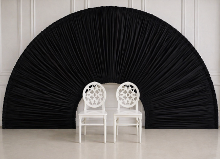 Siyah Yelpaze Tag Demiri + Perdesi – Modern Fon Backdrop, Düğün & Nişan Sahne Arka Plan Dekoru