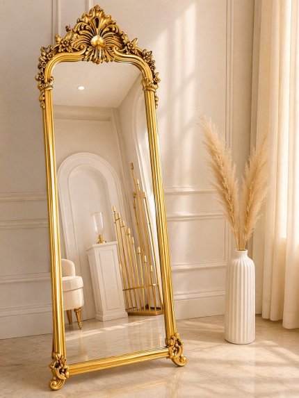 Gold Varaklı Boy Aynası 165 cm – Klasik Oymalı Dekoratif Tam Boy Ayna