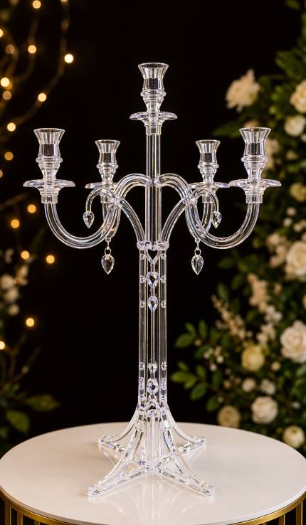 5 Kollu Çubuk Model Plexi Şamdan – Şeffaf Kristal Görünümlü Dekoratif Mumluk Düğün & Organizasyon