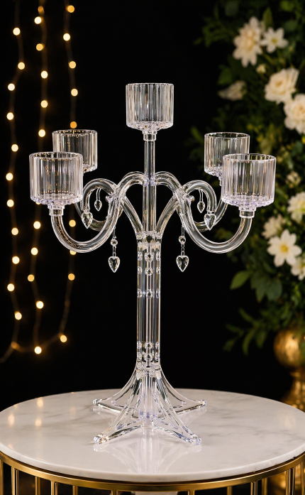 5 Kollu Bardak Model Şamdan – Şeffaf Kristal Görünümlü Mumluk, Düğün & Organizasyon Masa Dekoru