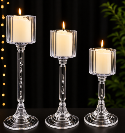 3’lü Bardak Pleksi Mumluk Seti – Şeffaf Kristal Görünümlü Dekoratif Mumluk (Mumlar Dahil Değildir)