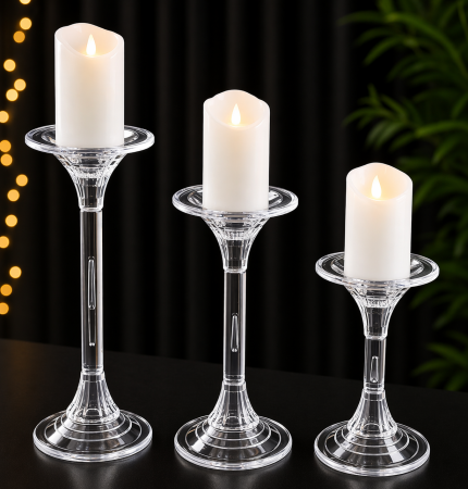 3’lü Şeffaf Mumluk Seti – Modern Cam Görünümlü Dekoratif Mumluk (Mum Hariç)
