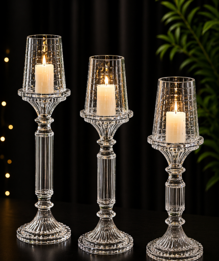 Üçlü Cam Kristal Mumluk Seti – Şık Dekoratif Kristal Görünümlü Mumluk (3’lü Set)