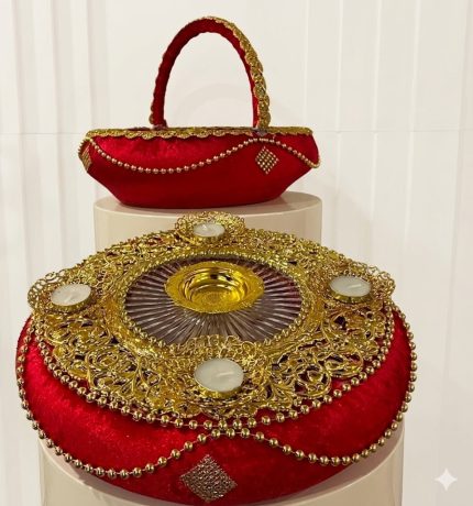 Kırmızı Kadife Suplalı Tepsi Sepet – Gold Detaylı Kına Gecesi Nişan Sunum Tepsisi Seti