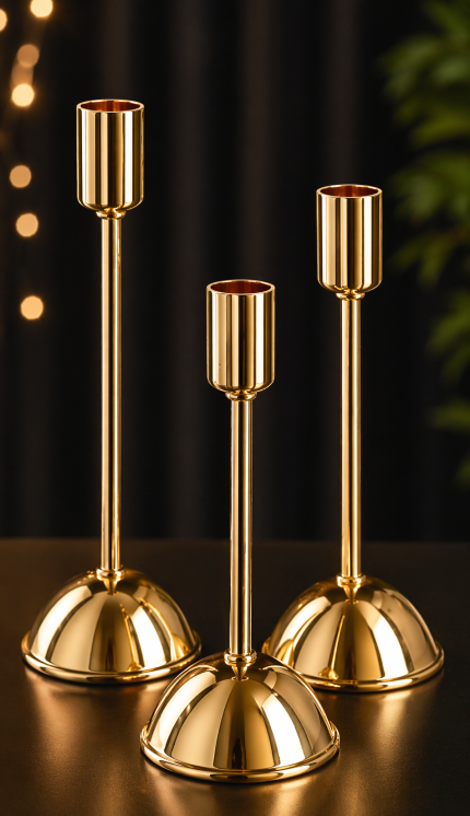 Üçlü Metal Mumluk Seti – Altın Renk Modern Dekoratif Mumluk (3’lü Şık Tasarım)