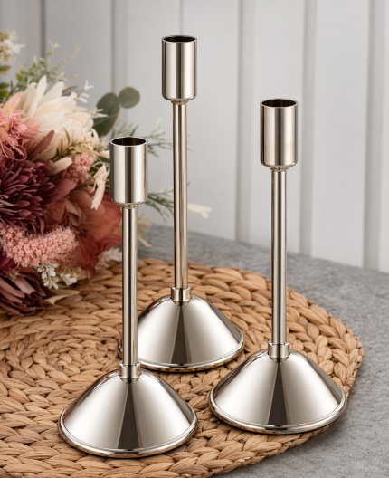 Üçlü Metal Mumluk Seti – Gümüş Renk Modern Dekoratif Mumluk (3’lü Şık Tasarım)