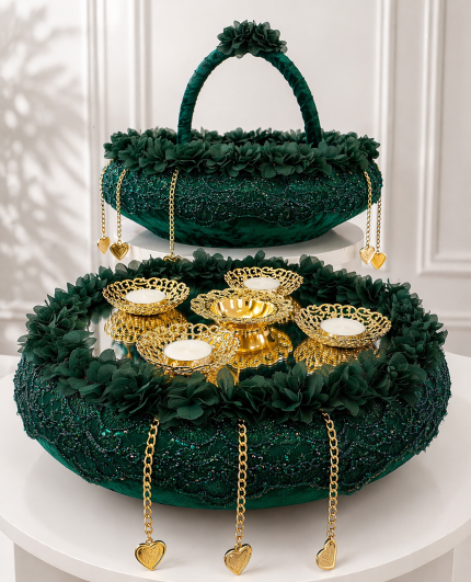 Yeşil Güpürlü Tepsi Sepet – Gold Detaylı Kına Gecesi ve Nişan Sunum Tepsisi
