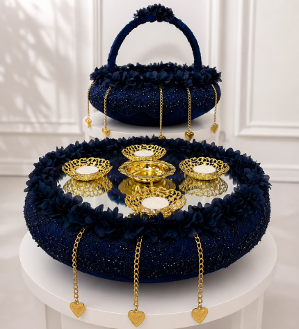 Lacivert Güpürlü Tepsi Seti – Gold Detaylı Kına Gecesi ve Nişan Sunum Seti