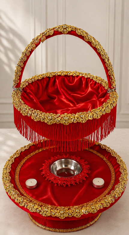 Kırmızı Kadife Lüks Söz & Nişan Tepsi Seti – Taş İşlemeli Gold Detaylı Premium Set (Sepet Dahil)