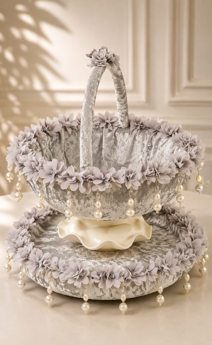 Gümüş Gri Kadife Söz & Nişan Sepeti – İnci Detaylı Zarif Sunum Seti