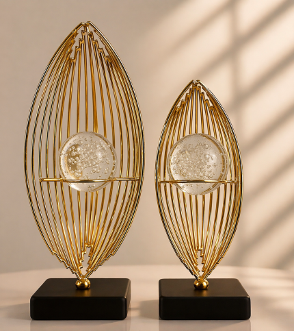 İkili Oval Kare Süs – Altın Renk Modern Dekoratif Masa Üstü Aksesuar Seti