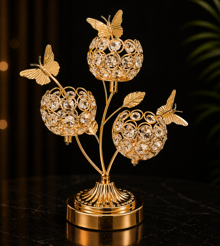 Üçlü Kelebek Mumluk – Kristal Taşlı Altın Metal Dekoratif Şamdan