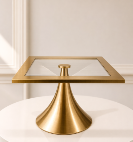 Altın Metal Ayaklı Cam Sunum Standı – Modern Dekoratif Pasta ve Sunum Standı