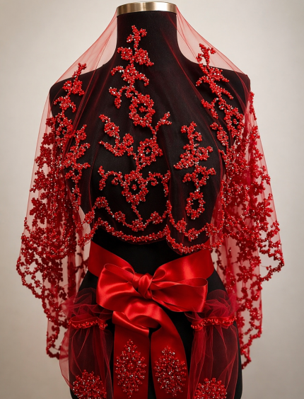 Lüks Boncuk İşlemeli Kırmızı Gelin Kemeri ve Tül Şal Seti – Kına Gecesi Aksesuarı