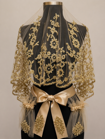 Lüks Altın İşlemeli Gelin Kemeri ve Tül Şal Seti – Şampanya Ton Kına & Düğün Aksesuarı