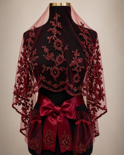 Bordo Boncuk İşlemeli Gelin Kemeri ve Tül Şal Seti – Kına Gecesi Lüks Aksesuar