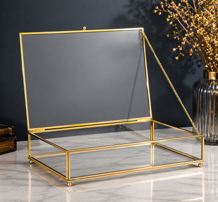 20x30 Cam Kutu Gold Çerçeveli – Kapaklı Dekoratif Takı ve Saklama Kutusu