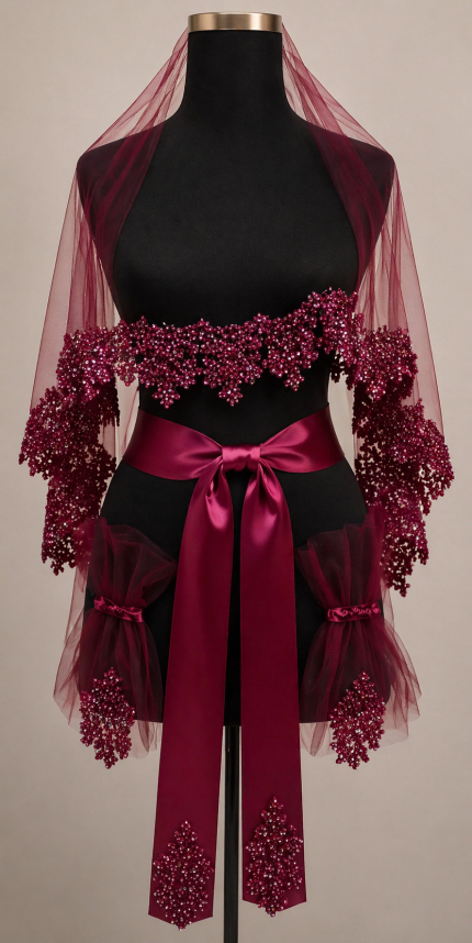 Zarif Bordo Boncuk İşlemeli Gelin Kemeri ve Omuz Şalı – Kına Gecesi Aksesuarı