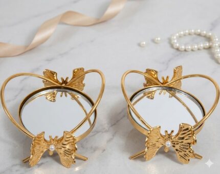 İkili Fiyonklu Yüzük Yükseltici – Gold Aynalı Dekoratif Yüzük Standı, Nişan & Söz Yüzük Sunumu