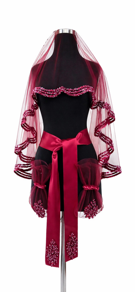 Modern Bordo Boncuklu Gelin Kemeri ve Dalgalı Tül Şal Seti – Kına Gecesi Aksesuarı