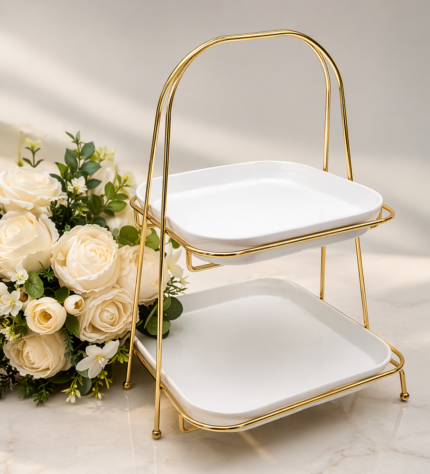 2 Katlı Beyaz Taşlı Sunumluk – Gold Metal Standlı Şık Servis Tepsisi, Dekoratif Sunum Standı