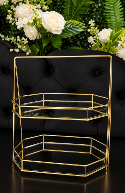 İki Katlı Camlı Altıgen Sunumluk – Gold Metal Çerçeveli Modern Servis Standı, Şık Sunum Tepsisi