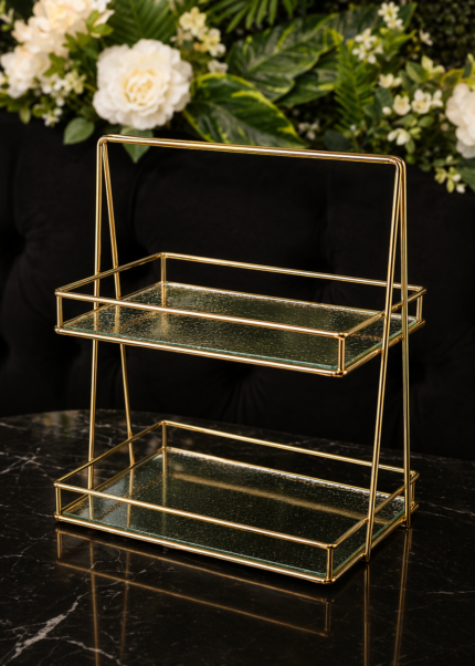 2 Adet Camlı Kare Sunumluk – Gold Metal İki Katlı Servis Standı, Şık Dekoratif Sunum Tepsisi Seti