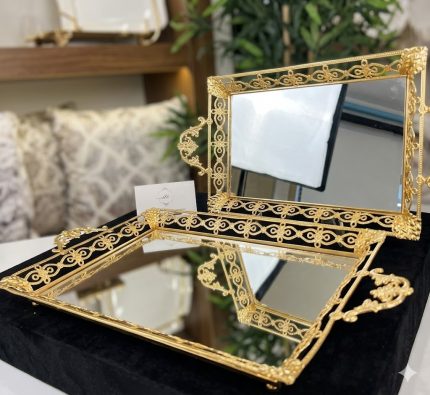 Takım İkili Çikolata Tepsisi – Gold Metal Aynalı Lüks Sunum Tepsi Seti, Dekoratif Servis Tepsisi