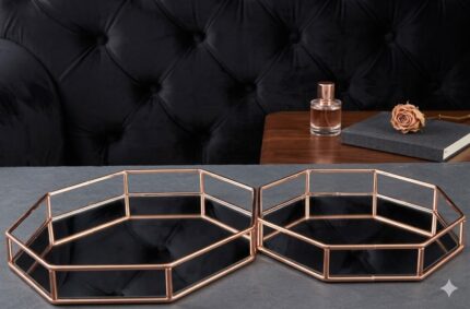 İkili Altıgen Aynalı Sunum Tepsisi Rose Gold – Dekoratif Metal Çerçeveli Çikolata & İkramlık Tepsi Seti