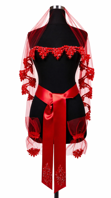 Kırmızı Taş İşlemeli Göğüs Detaylı Gelin Kemeri ve Tül Şal Seti – Kına Gecesi Özel Tasarım