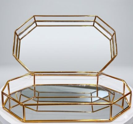 Altıgen Aynalı Sunum Tepsisi – Gold Metal Çerçeveli Dekoratif Çikolata & İkramlık Tepsi