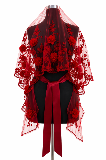 Kırmızı Gül Aplikeli Gelin Kemeri ve Tül Şal Seti – Romantik Kına Gecesi Aksesuarı