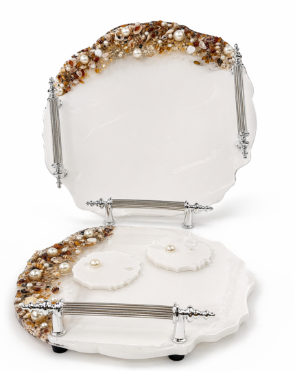 İncili Epoksi Tepsi – El Yapımı Dekoratif Nişan & Söz Yüzük Sunum Tepsisi