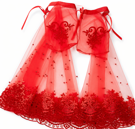 Kırmızı İnci Detaylı Tül Gelin Kemeri ve Çift Parça Omuz Şalı Seti – Kına Gecesi Özel Tasarım