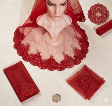 Kırmızı Dantel İşlemeli Kına Seti – Gelin Duvağı, Örtü ve Aksesuar Takımı