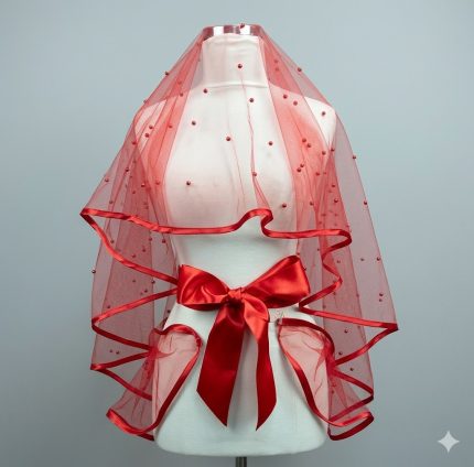 Kırmızı İnci Detaylı Tül Kına Duvağı ve Saten Kuşak Seti – Zarif Gelin Aksesuarı