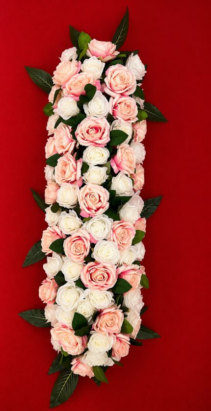 Pembe Beyaz Yapay Gül Duvar Süsü 1 Metre – Dekoratif Çiçek Paneli, Organizasyon ve Arka Fon Süsü