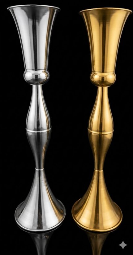 Altın ve Gümüş Uzun Ayaklı Metal Vazo – Modern Şık Çiçeklik ve Organizasyon Dekoru