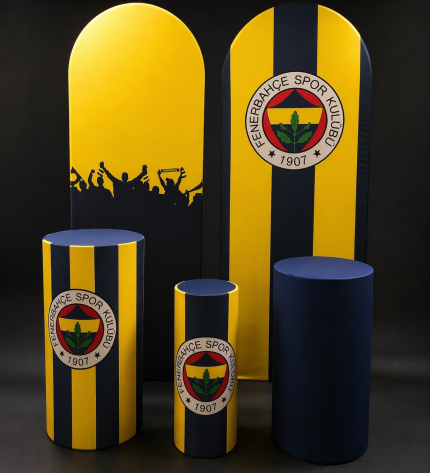 Sarı Lacivert Taraftar Temalı Çocuk Puf & Dekoratif Panel Seti – Futbol Kulübü Konseptli Silindir Oturak | Genç Odası Dekoru