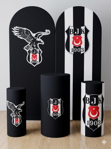 Siyah Beyaz Taraftar Temalı Çocuk Puf & Dekoratif Panel Seti – Kartal Figürlü Silindir Oturak | Genç Odası Dekoru