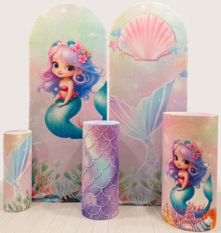 Deniz Kızı Temalı Çocuk Puf & Dekoratif Panel Seti – Pastel Renkli Silindir Oturak | Kız Çocuk Odası Dekoru