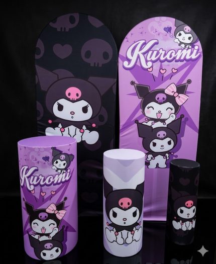 Kuromi Temalı Çocuk Puf & Dekoratif Panel Seti – Mor Siyah Karakter Desenli Silindir Oturak | Kız Çocuk Odası Dekoru